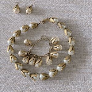 Anthropologie Lenora Dame Necklace Bracelet Earrings Set 24K Plated Brass